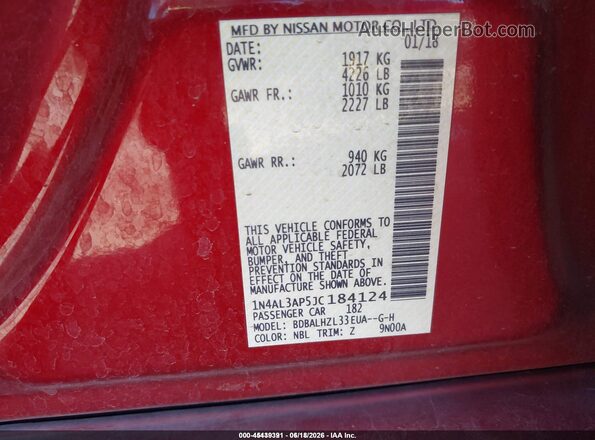 1N4AL3AP5JC184124 2018 NISSAN ALTIMA Red Widok komory silnika