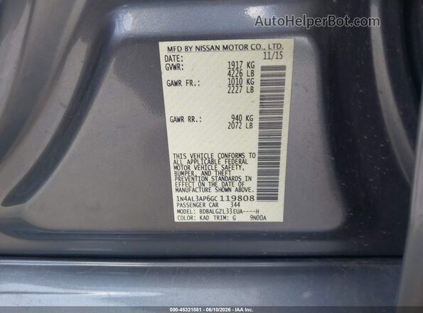 1N4AL3AP6GC119808 2016 NISSAN ALTIMA Gray Vista del compartimento del motor