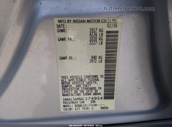 1N4AL3AP6GC174954 2016 NISSAN ALTIMA Gray Widok komory silnika