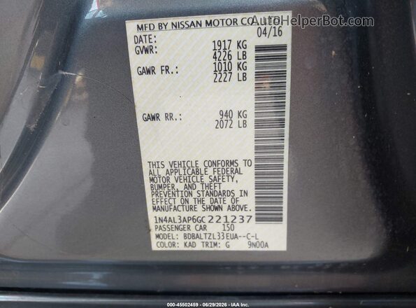 1N4AL3AP6GC221237 2016 NISSAN ALTIMA Gray Vista del compartimento del motor