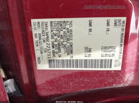 1N4AL3AP6GC225711 2016 NISSAN ALTIMA Red Widok komory silnika