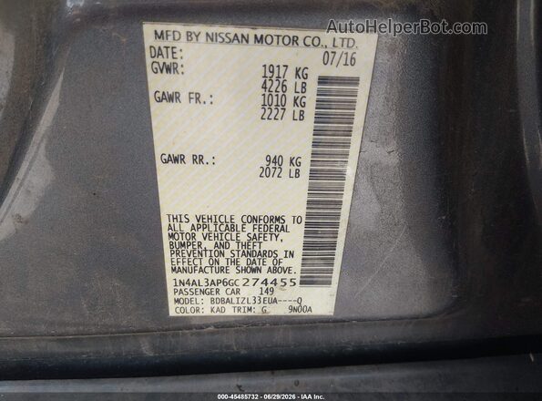 1N4AL3AP6GC274455 2016 NISSAN ALTIMA Silver Vista del compartimento del motor
