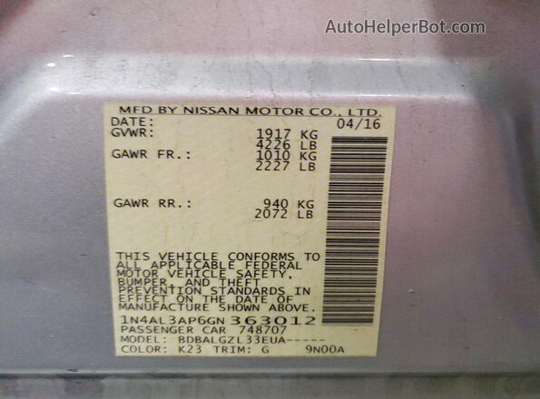 1N4AL3AP6GN363012 2016 NISSAN ALTIMA Silver VIN կոդի պիտակի տեսք