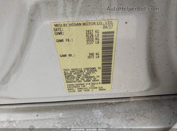 1N4AL3AP6HC243014 2017 NISSAN ALTIMA White Շարժիչի բաժամունքի տեսք