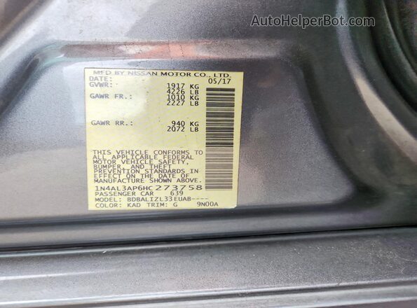 1N4AL3AP6HC273758 2017 NISSAN ALTIMA Gray Vista de la etiqueta del VIN