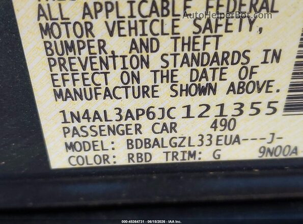 1N4AL3AP6JC121355 2018 NISSAN ALTIMA Черный Вид подкапотного пространства