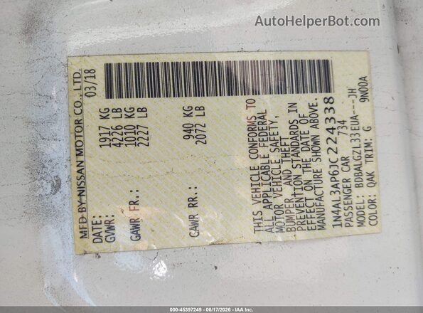 1N4AL3AP6JC224338 2018 NISSAN ALTIMA White Engine compartment view