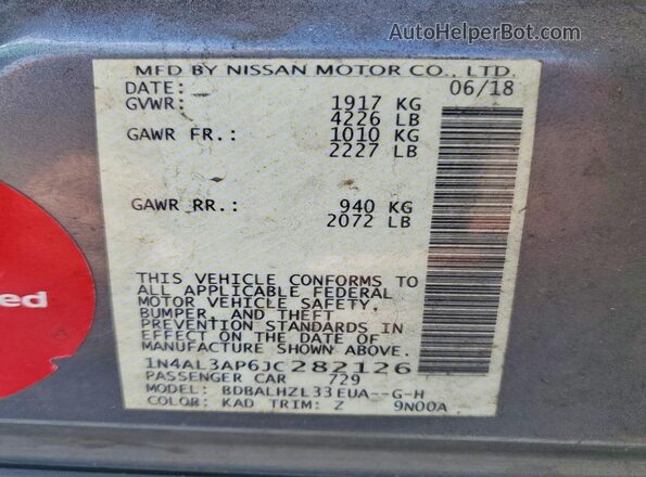 1N4AL3AP6JC282126 2018 NISSAN ALTIMA Серый Вид наклейки с VIN-кодом