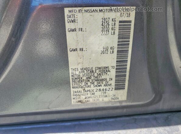 1N4AL3AP6JC284622 2018 NISSAN ALTIMA Charcoal Շարժիչի բաժամունքի տեսք