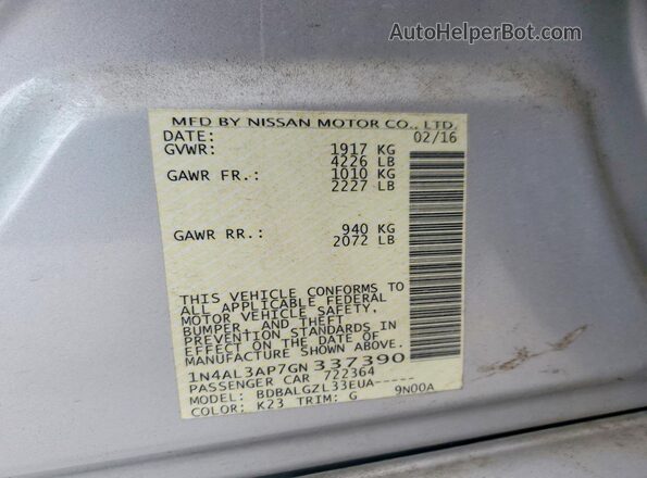 1N4AL3AP7GN337390 2016 NISSAN ALTIMA Серебряный Вид подкапотного пространства