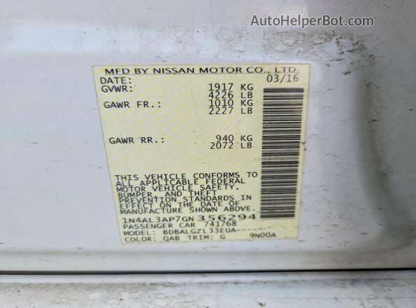 1N4AL3AP7GN356294 2016 NISSAN ALTIMA White Widok komory silnika