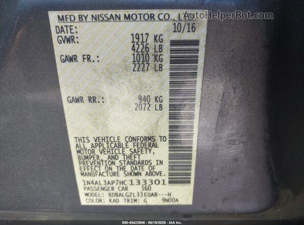 1N4AL3AP7HC133301 2017 NISSAN ALTIMA Gray Շարժիչի բաժամունքի տեսք