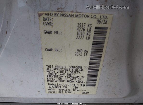 1N4AL3AP7JC276139 2018 NISSAN ALTIMA Белый Вид подкапотного пространства