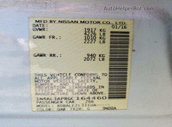 1N4AL3AP8GC164460 2016 NISSAN ALTIMA Белый Вид подкапотного пространства