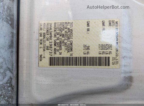 1N4AL3AP8GC198737 2016 NISSAN ALTIMA White Vista del compartimento del motor