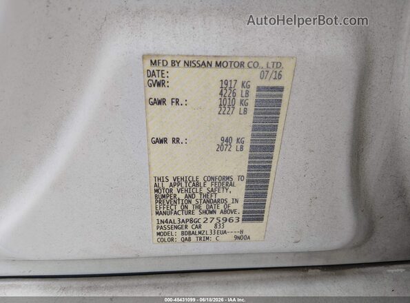 1N4AL3AP8GC275963 2016 NISSAN ALTIMA White Vista del compartimento del motor