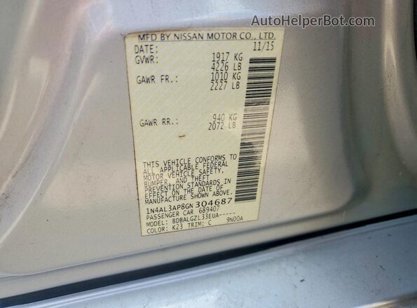 1N4AL3AP8GN304687 2016 NISSAN ALTIMA Silver Շարժիչի բաժամունքի տեսք