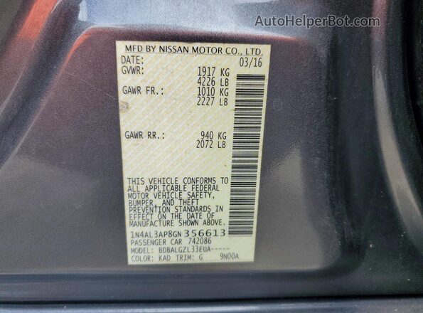 1N4AL3AP8GN356613 2016 NISSAN ALTIMA Charcoal Вид наклейки з VIN-кодом
