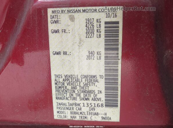 1N4AL3AP8HC135168 2017 NISSAN ALTIMA Burgundy Widok komory silnika