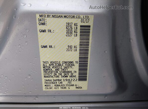 1N4AL3AP8HC194222 2017 NISSAN ALTIMA Серебряный Вид подкапотного пространства