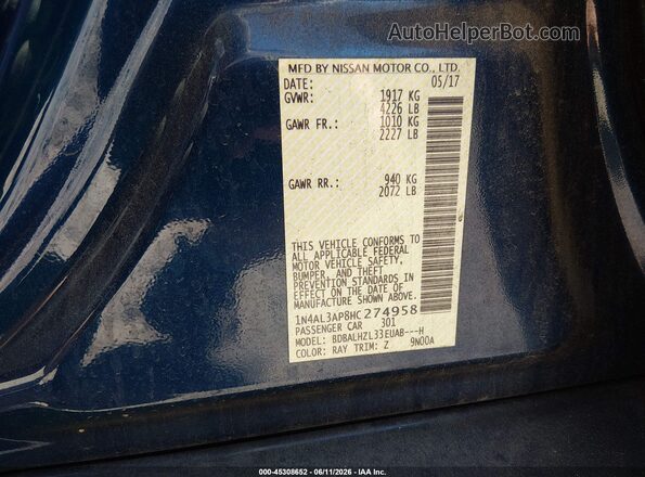 1N4AL3AP8HC274958 2017 NISSAN ALTIMA Blue Вид підкапотного простору