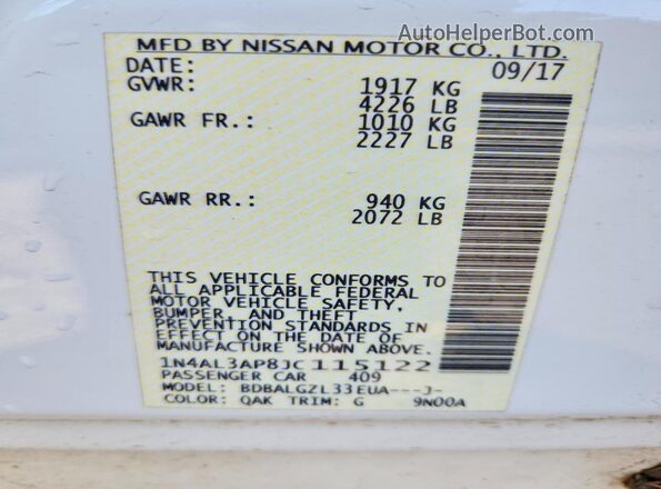 1N4AL3AP8JC115122 2018 NISSAN ALTIMA White 
