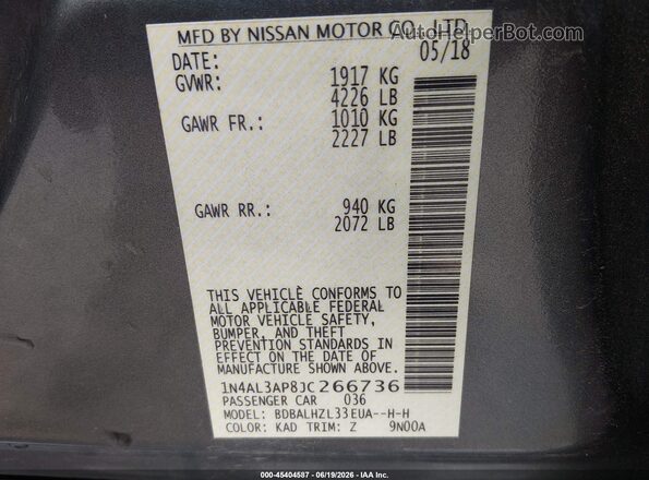 1N4AL3AP8JC266736 2018 NISSAN ALTIMA Gray Շարժիչի բաժամունքի տեսք