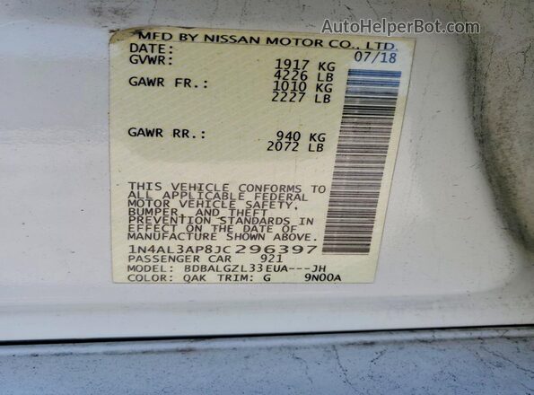1N4AL3AP8JC296397 2018 NISSAN ALTIMA White Vista del compartimento del motor