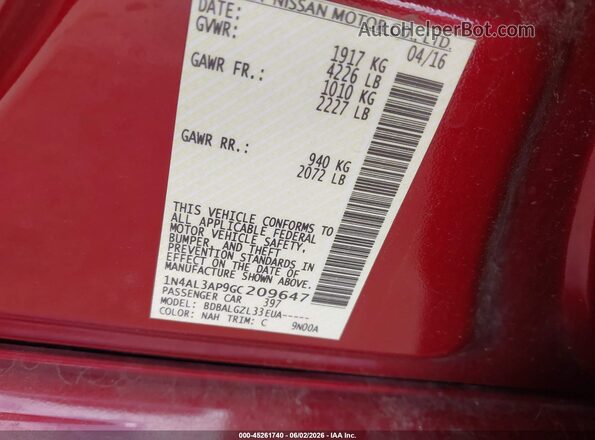 1N4AL3AP9GC209647 2016 NISSAN ALTIMA Red Vista del compartimento del motor