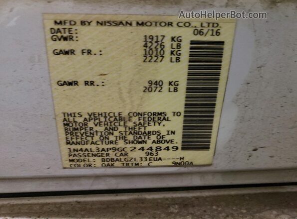1N4AL3AP9GC244849 2016 NISSAN ALTIMA White Вид підкапотного простору