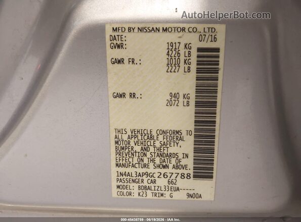 1N4AL3AP9GC267788 2016 NISSAN ALTIMA Silver ძრავის განყოფილების ხედი