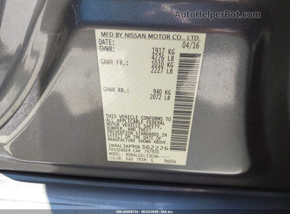 1N4AL3AP9GN362226 2016 NISSAN ALTIMA Серый Вид подкапотного пространства