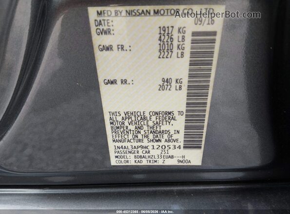 1N4AL3AP9HC120534 2017 NISSAN ALTIMA Gray Engine compartment view