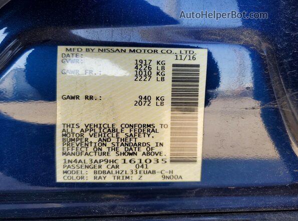 1N4AL3AP9HC161035 2017 NISSAN ALTIMA Blue Widok naklejki z numerem VIN