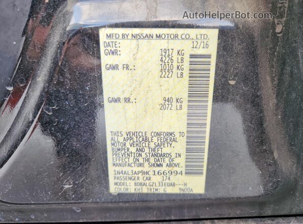 1N4AL3AP9HC166994 2017 NISSAN ALTIMA Black Вид наклейки з VIN-кодом