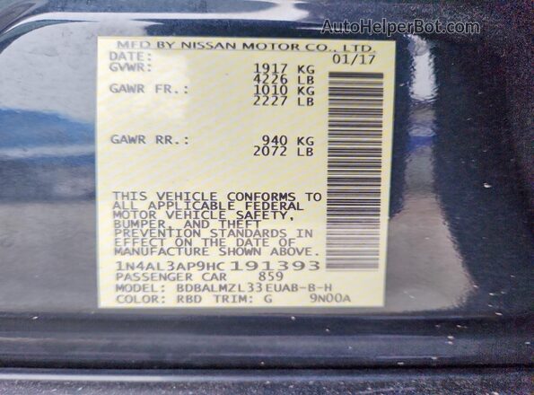 1N4AL3AP9HC191393 2017 NISSAN ALTIMA Charcoal Вид наклейки з VIN-кодом