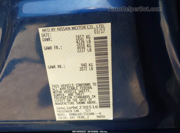 1N4AL3AP9HC230516 2017 NISSAN ALTIMA Blue Engine compartment view