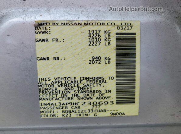 1N4AL3AP9HC230693 2017 NISSAN ALTIMA Silver Սալոնի 360 աստիճան տեսք