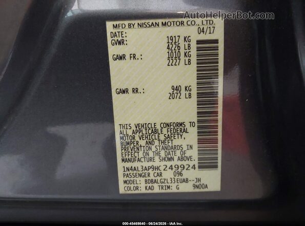 1N4AL3AP9HC249924 2017 NISSAN ALTIMA Gray Widok komory silnika