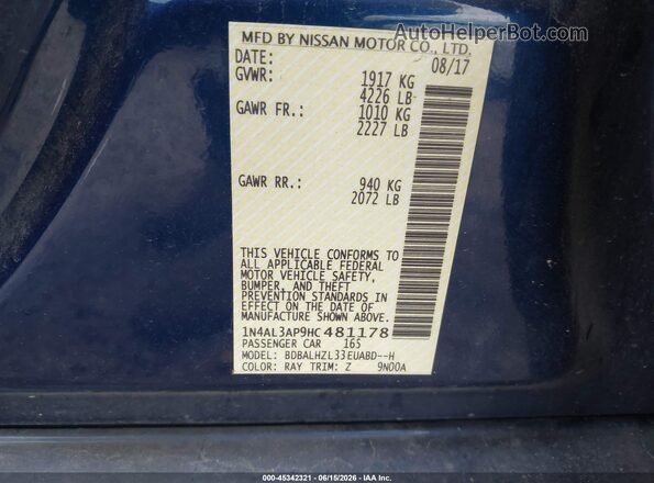 1N4AL3AP9HC481178 2017 NISSAN ALTIMA Blue ძრავის განყოფილების ხედი