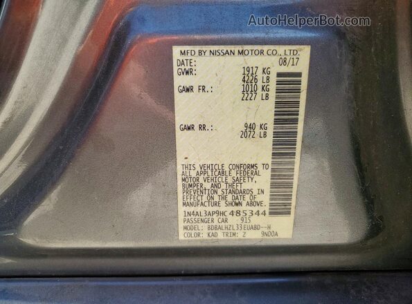 1N4AL3AP9HC485344 2017 NISSAN ALTIMA Gray VIN კოდის სტიკერის ხედი