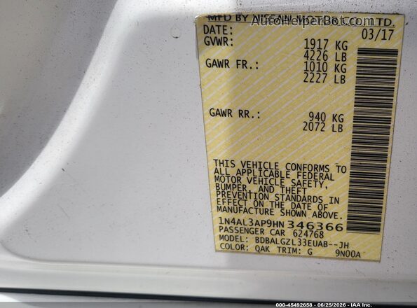 1N4AL3AP9HN346366 2017 NISSAN ALTIMA Белый Вид подкапотного пространства