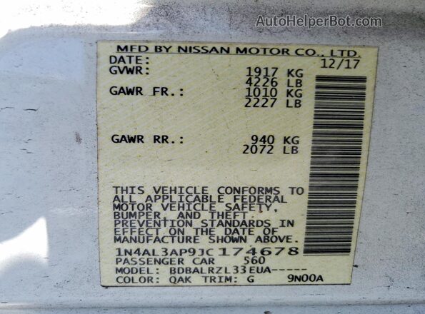 1N4AL3AP9JC174678 2018 NISSAN ALTIMA White Вид підкапотного простору