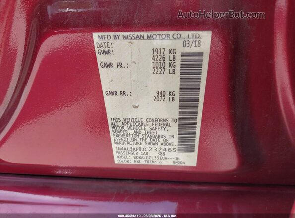 1N4AL3AP9JC232465 2018 NISSAN ALTIMA Red Vista del compartimento del motor