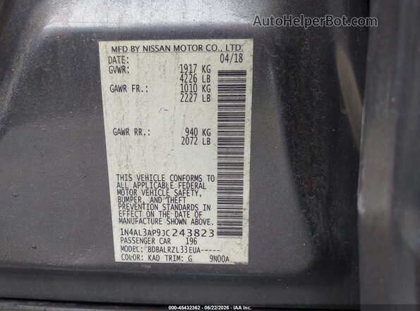 1N4AL3AP9JC243823 2018 NISSAN ALTIMA Gray Engine compartment view