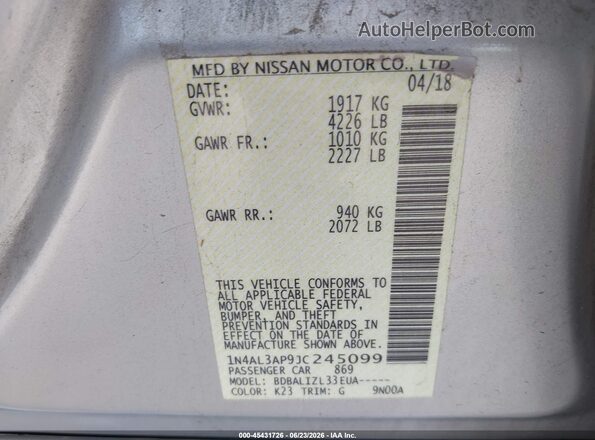 1N4AL3AP9JC245099 2018 NISSAN ALTIMA Silver Շարժիչի բաժամունքի տեսք