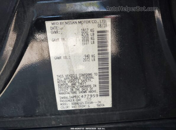 1N4AL3AP9JC477959 2018 NISSAN ALTIMA Black VIN კოდის სტიკერის ხედი