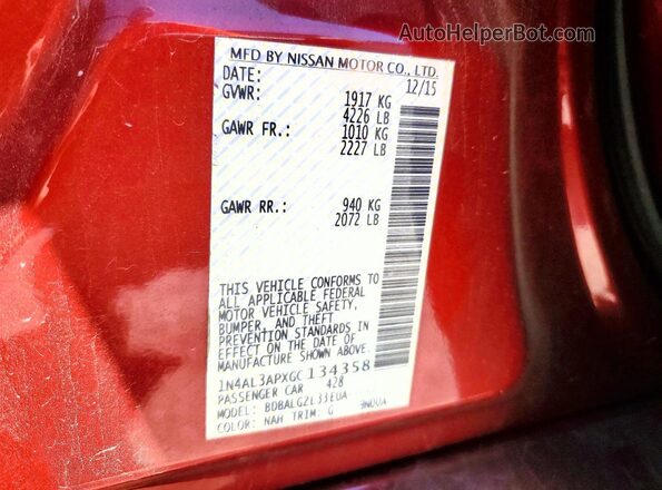 1N4AL3APXGC134358 2016 NISSAN ALTIMA Red Vista de la etiqueta del VIN