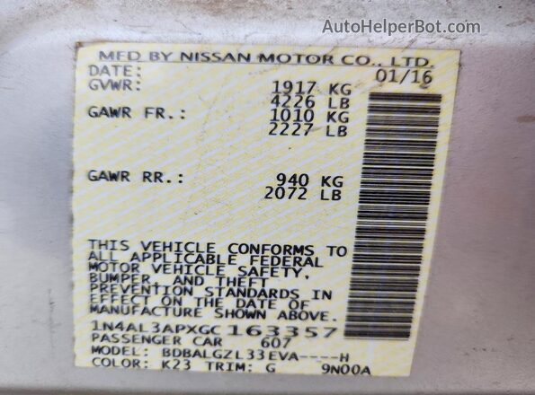 1N4AL3APXGC163357 2016 NISSAN ALTIMA Серебряный Вид наклейки с VIN-кодом