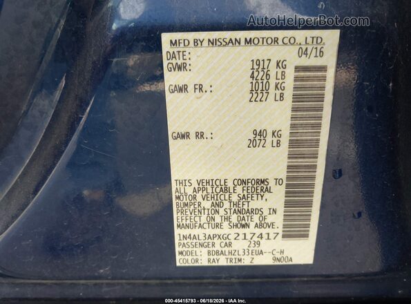 1N4AL3APXGC217417 2016 NISSAN ALTIMA Blue Вид підкапотного простору